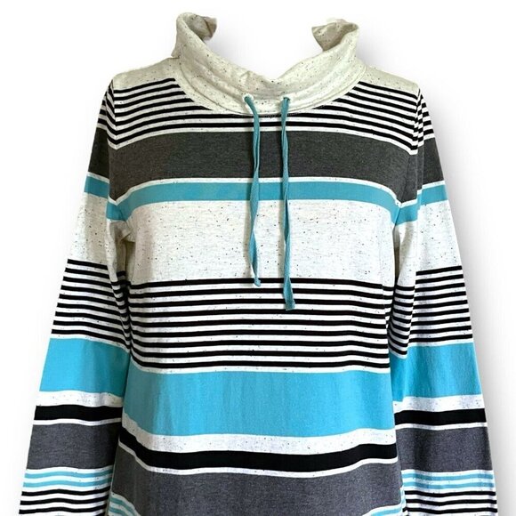 T by Talbots Womens Top Medium Petite MP Gray Blue Stripe Cowlneck Pullover - Picture 3 of 7